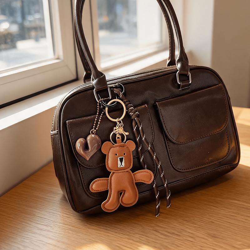 Yogodlns Adorable PU Leather Bear Keychain with Heart Bag Pendant Cute and Funny Purse Charm Relaxing Accessory Keychain