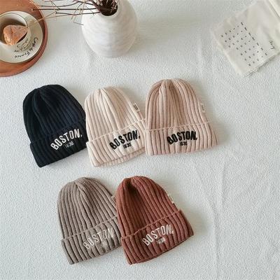 Solid Color Letter Baby Beanie Cap Winter Warm Knit Hat for Girls Boys Vintage Embroidered BOSTON Toddler Kids Crochet Bonnet