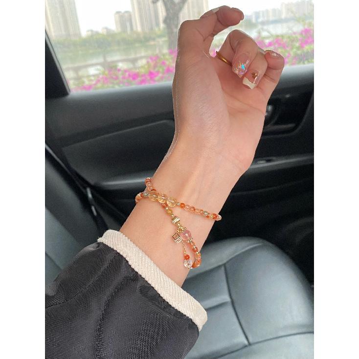 

Natural Fortune, Wealth, and Longevity Crystal Bracelet for Women, Multi-Gemstone Beads, Red, Green, Yellow Rutilated Quartz, Orange Moonstone, Fortune, Prosperity, and