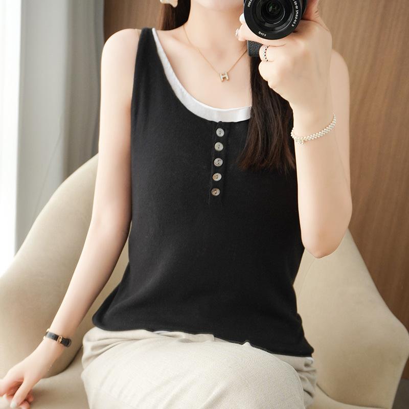 

Женский летний облегающий универсальный модный топ-майка из чистого хлопка, вязаный, двухслойный, без рукавов, для ношения как нижний слой и верхний слой. XXL чёрный