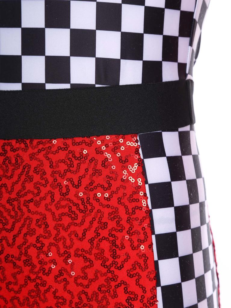 Damen glitzernder pailletten karierter Patchwork Rennfahrer Overall