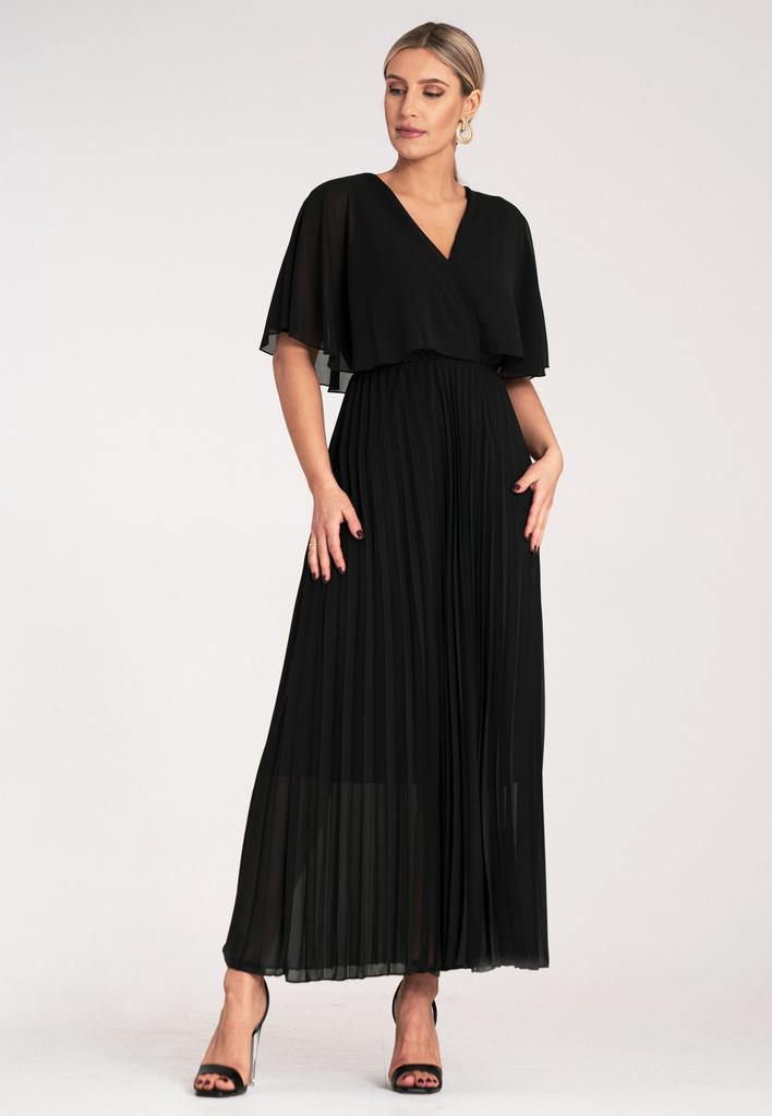 Dress with Cape - Elegant Dress with Pleated Bottom - Black Dress M1123 S/M