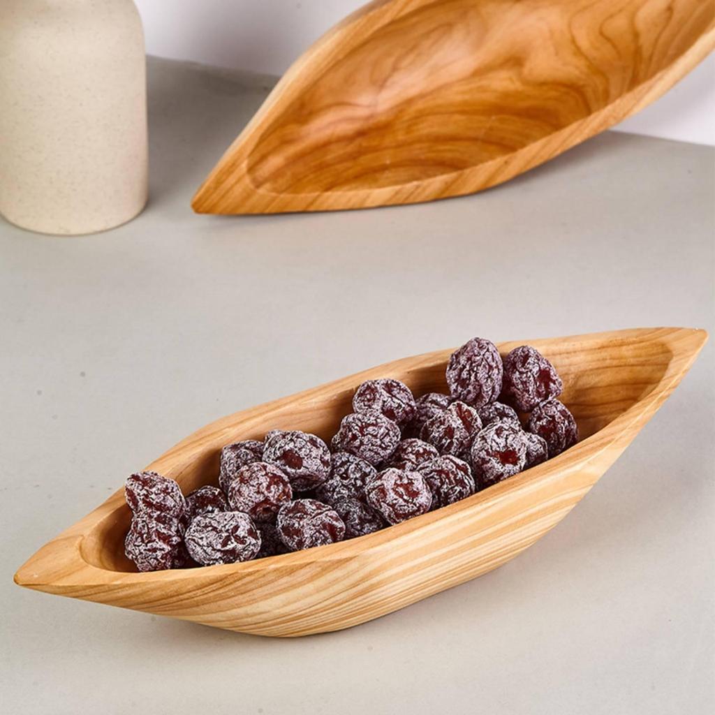 Acacia Wood Tray Elongated BoatShaped Rustic Wooden Fruit Bowl for Dining Table, Home Decor