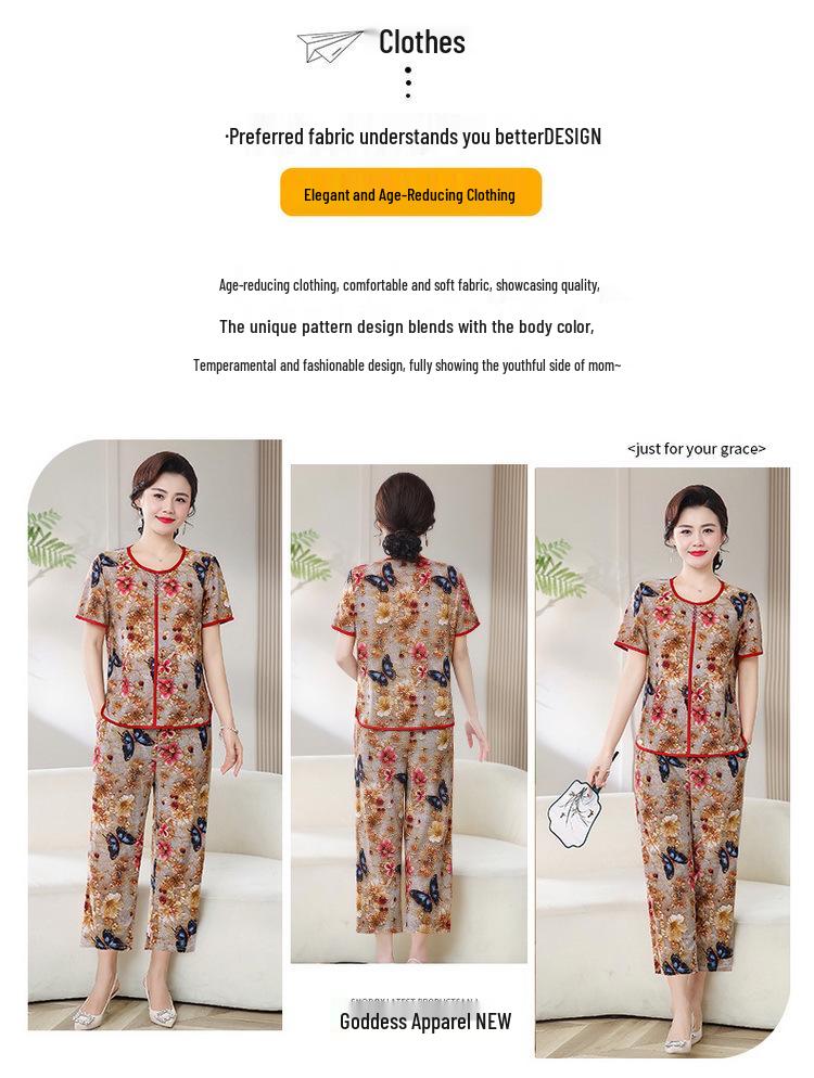 Mom's Summer Chic Short-Sleeve Top & Pants Set - Elegant Casual Two-Piece for Middle-aged and Elderly Women