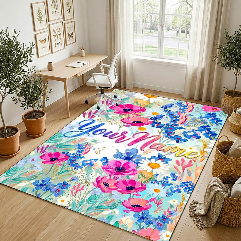 Floral Artwork Theme Soft Crystal Velvet Rug Custom Name & Text Print Non Slip Floor Rug for Bedroom Living Room