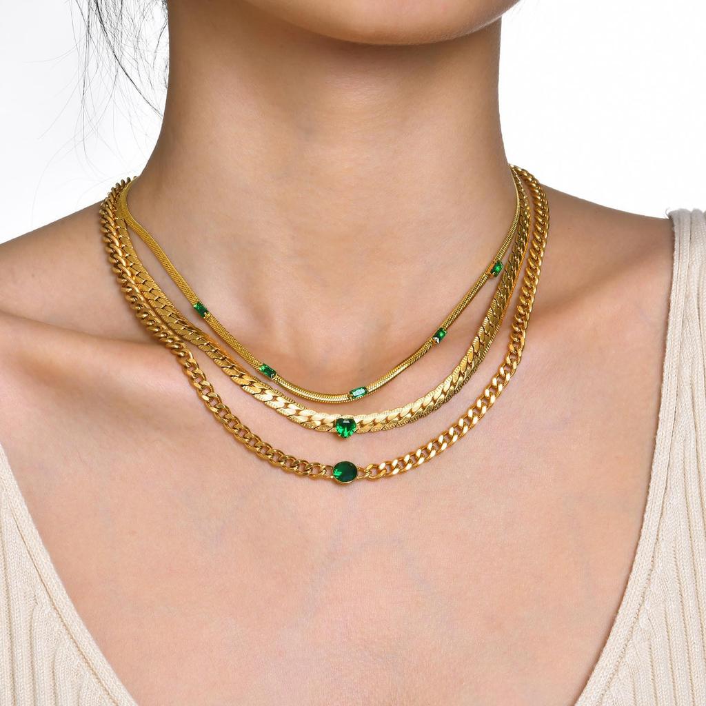 Stainless Steel Red Green Zircon Necklace Gold Female Collarbone Chain Flat Snake Chain, Accessories 1201