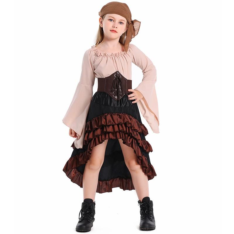Girls Pirate Costume Set Long Sleeve Blouse High Waist Mermaid Skirt Halloween Performance Dance Outfit