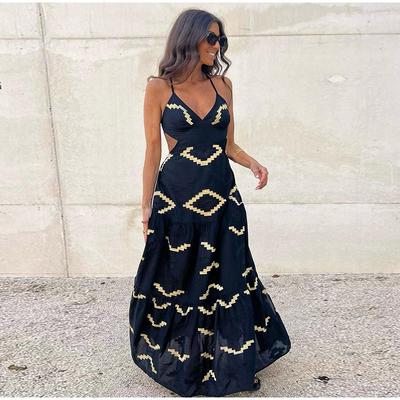Printed Backless Sleeveless Vent Summer Dress Sexy V-neck High Waisted Sling Women's Dresses 2025 New Beach Vacation Dress