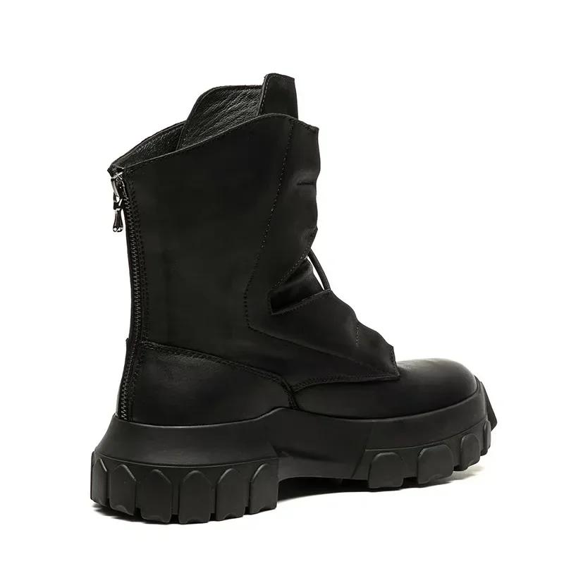2025 Herren High Top Schuhe Plattform Klobige Sohle Sneaker Leder Schnürung Gothic Absätze Luxuriös Trendig Designer Schwarz Stiefel