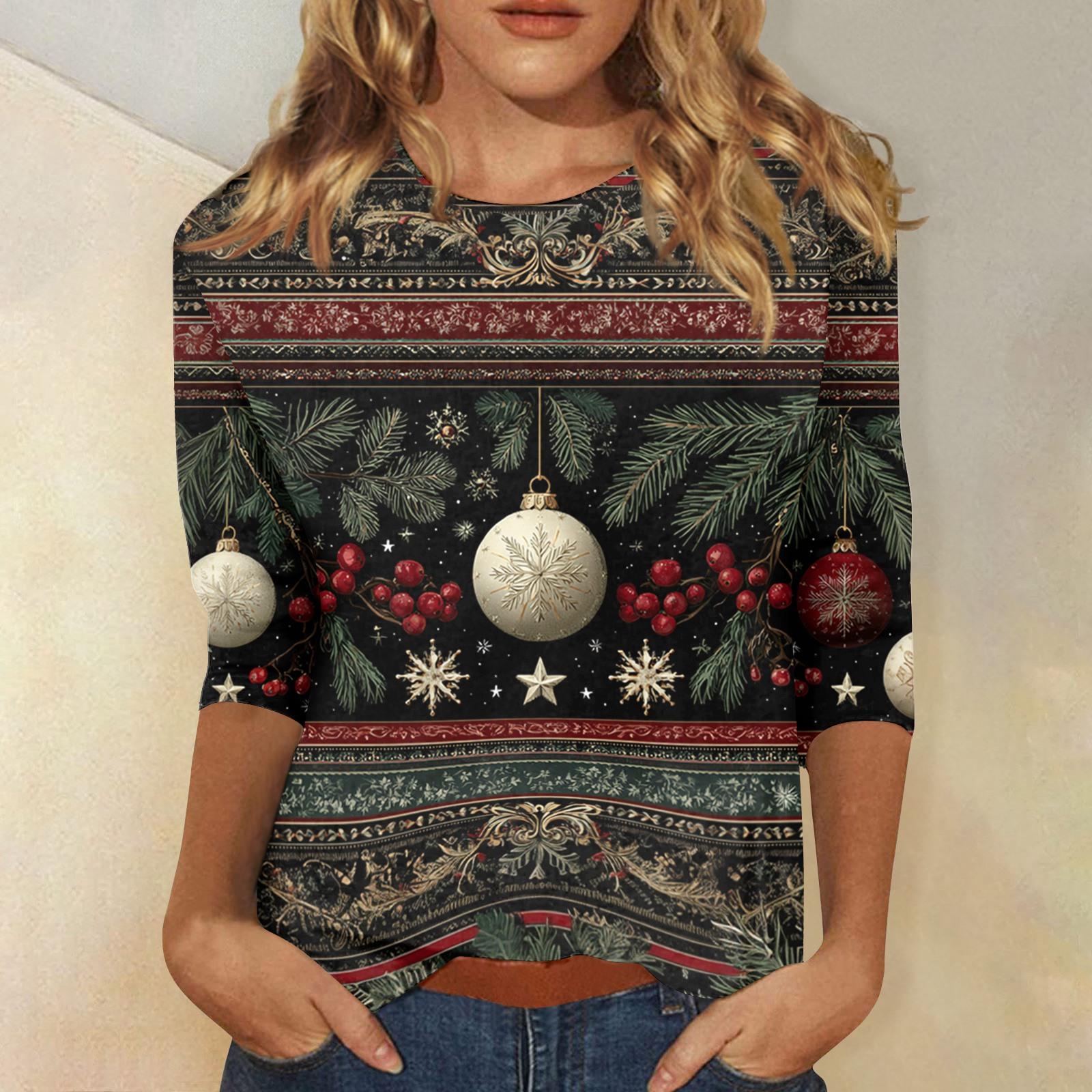 

Женские топы Рубашка с рукавом три четверти V-образный вырез Свободная повседневная рубашка Футболка с принтом L