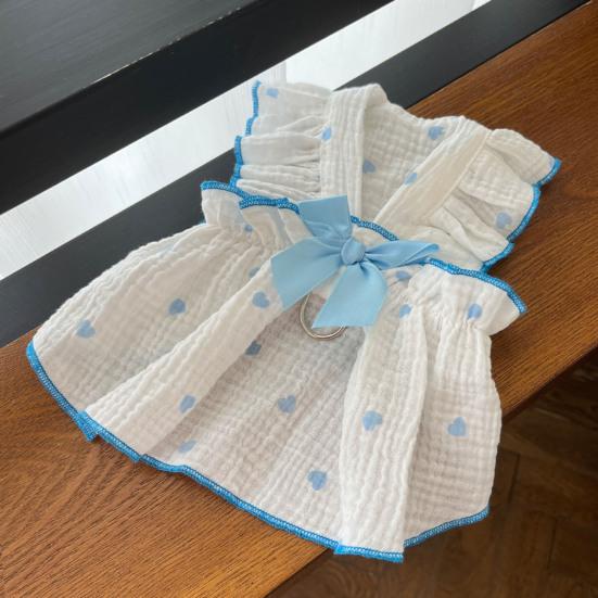 Pet Dress Love Heart Print Sleeveless Ruffle Bowknot Decor Breathable Spring Summer