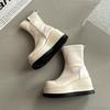 Fashionable Thick Soled Round Toe Boots for Women Korean Style Short Boots Black Beige Leather Side Zip Platform Botas Mujer 35