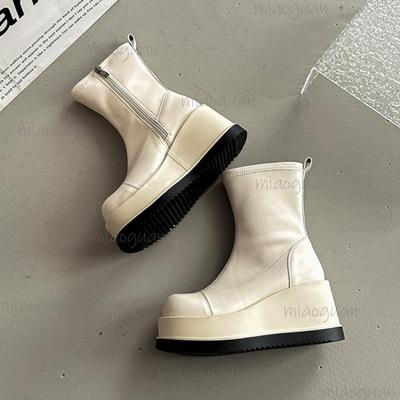 Fashionable Thick Soled Round Toe Boots for Women Korean Style Short Boots Black Beige Leather Side Zip Platform Botas Mujer 35