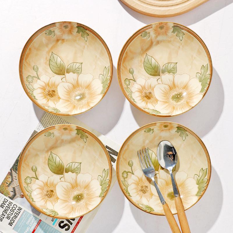 Set of 6 Ceramic Jasmine Flower Soup Plates - Underglaze Color Tableware.