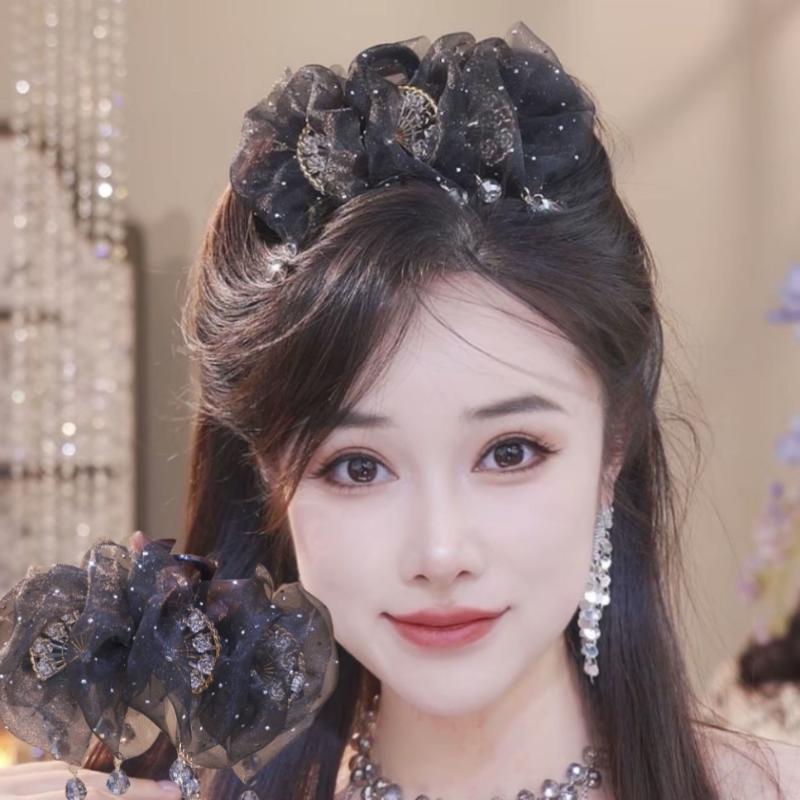 Sweet Mesh Tulle Tassels Hair Claw For Women Temperament Shining Zircon Ponytail Shark Clip Princess Headdress Hair Accessories