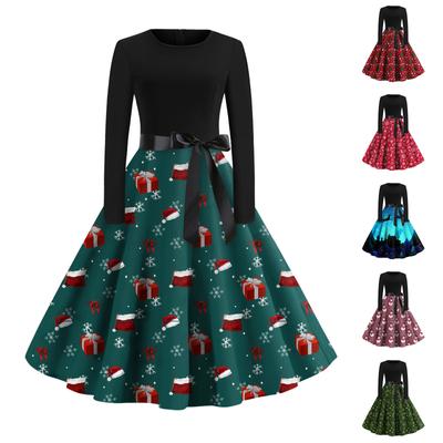 Women Christmas Print Flare Dress Long Sleeve O-Neck Dress Party Casual Dresses