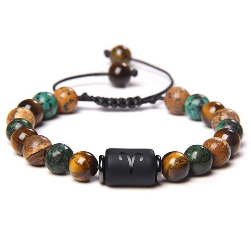 Natural Stone Tiger Eye Picture Jasper Round Beads 12 Constellation Bracelet for Men and Women Zodiac Signs Bracelet Aries
