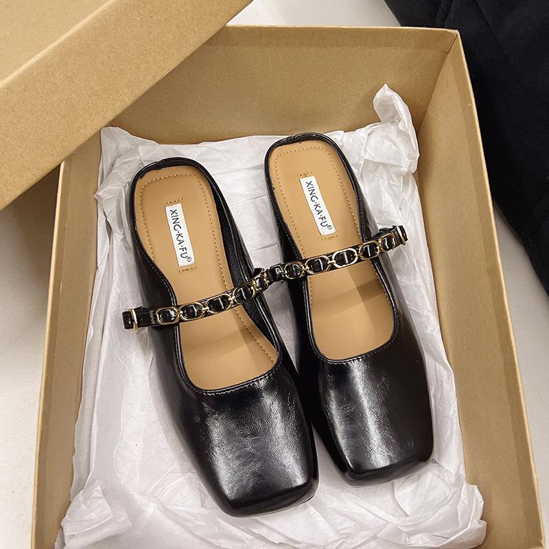 

Мэри Джейн сумка голова полушлепанцы женская верхняя одежда 2025 новая весна и осень легкий рот без каблука квадратный носок одинарная обувь 40 чёрный