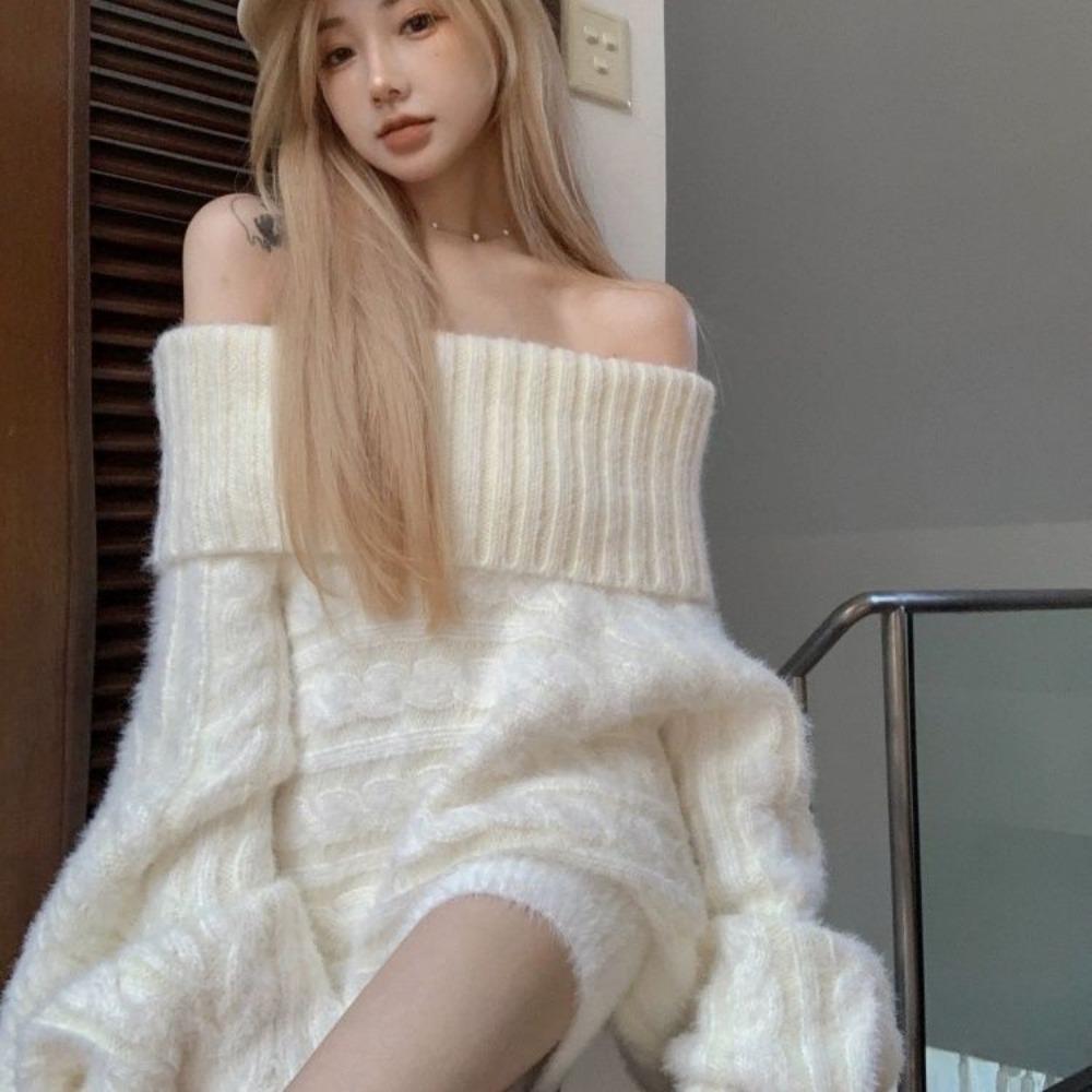 One-word Shoulder Sweater Women's Autumn and Winter New Gentle and Loose High-end Knitted Sweater Pullover Twist Top