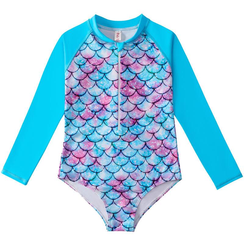 Kids Girls One Piece Swimsuit Beachwear Rash Guard Long Sleeves Palm Printed Zippered Swimming Bathing Suit Swimwear