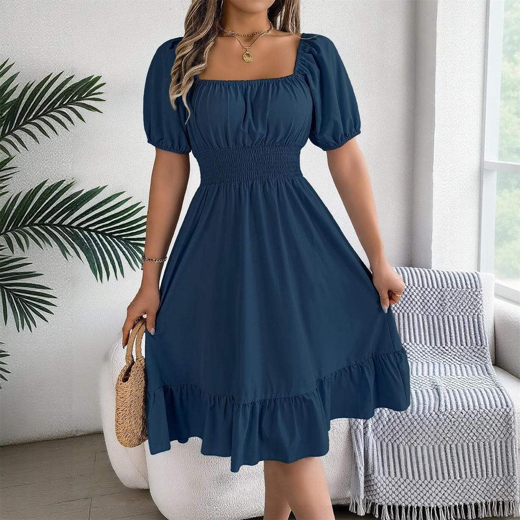 Women's Fashionable Retro Color Square Collar Fungus Hem Waist A-line Long Skirt Short-sleeved Dress