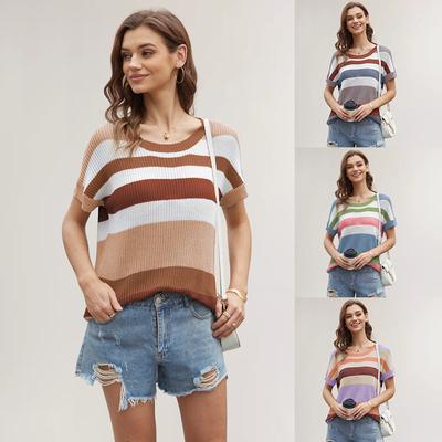 Women's Short Sleeve Knit Striped T Shirt Loose Dress Casual Pullover Women's Short Sleeve Knit