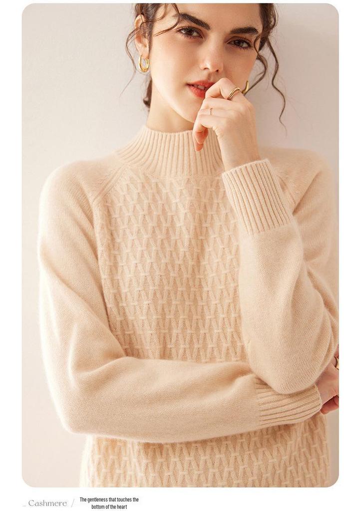 Women's Cashmere Cable Knit Sweater - Loose Fit, Double-Strand, Half-High Collar, Solid Color, Short Style, Perfect for Autumn and Winter