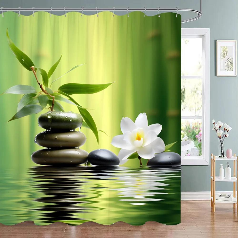 Green Bamboo Zen Shower Curtain Zen Stone Flower Flowers Meditation Zen Polyester Fabric Bath Curtains Bathroom Decor With Hooks
