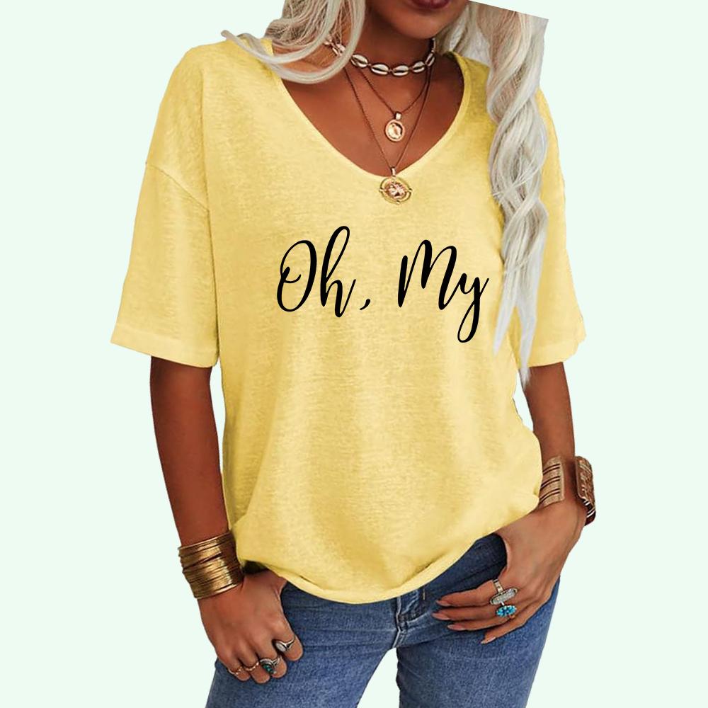 Women Fashion Letter Print Tee Shirt Summer Casual V-neck Top Loose Short Sleeve T-shirt