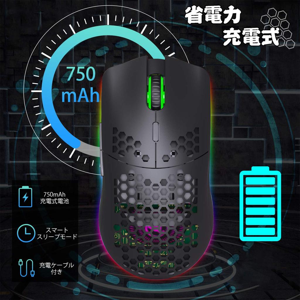 Wireless Gaming Mouse, Lightweight, Honeycomb Design, Optical RGB Backlight, 6 Buttons, 4-Level DPI Adjustment, Rechargeable 750mAh 2.4GHz Battery,