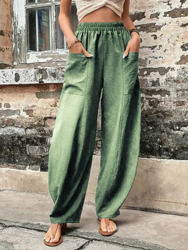 Pantaloni Dritti Casual Monocolore con Elastico in Vita e Tasche da Donna Moda Estiva Larghi Pantaloni da Donna Pantalon
