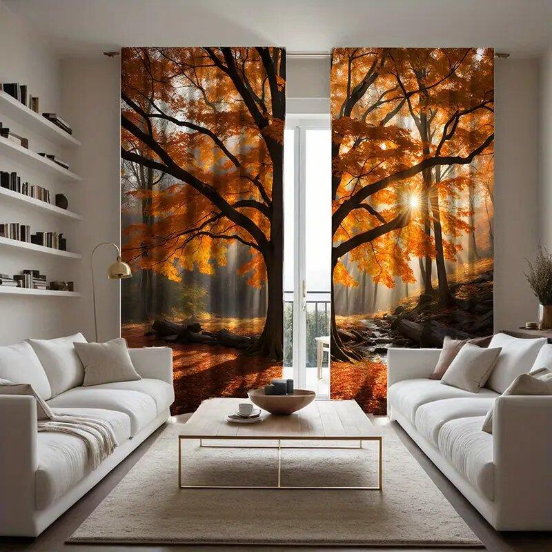 2pcs - Autumn forest pattern printed curtains   window decorations   home decorations   room decorations
