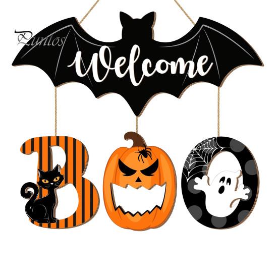 Spooky Home Entrance Sign Halloween BOO Door Sign, Bat Welcome Hanging Wooden Ghost Pumpkin Gift for Friends Black Cat Hanger Ornaments Front