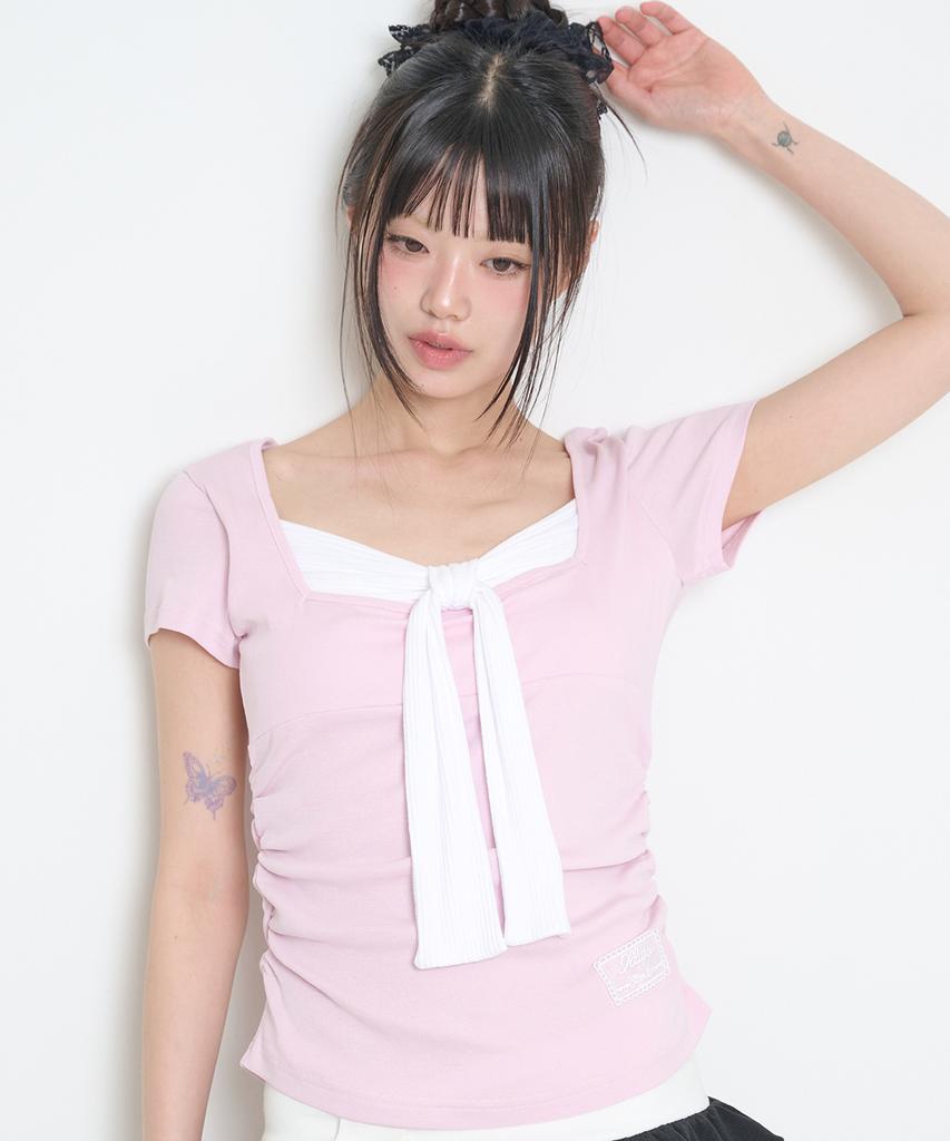 ILLIGO Layered Ribbon Tie T-Shirt Pink