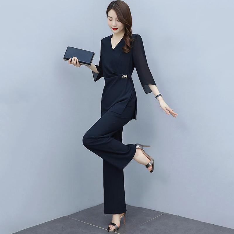 Solid Color Wide-leg Pants Suit Women's Summer Chiffon Temperament Professional Leisure Two-piece Fabric Light and Breathable