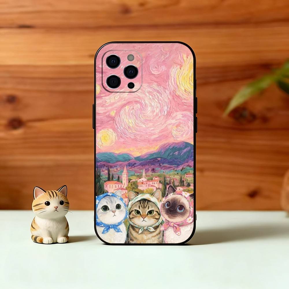 Pink Oil Painting Style Cat Phone Case For iPhone 17, 16,15,14,13,12,11 Plus,Pro Max, Others Soft Black Cover