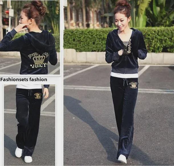 2025 Autumn Korean Gold Velvet Embroidered Outdoor Two-Piece Suit In Plus Size