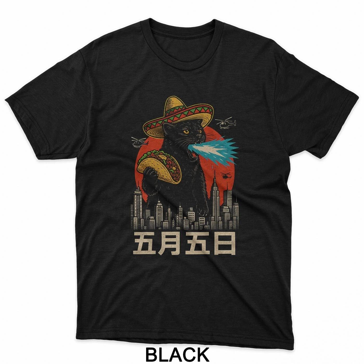 Kaiju Cat Eating Taco Funny Cinco de Mayo Cat Lover T-Shirt L