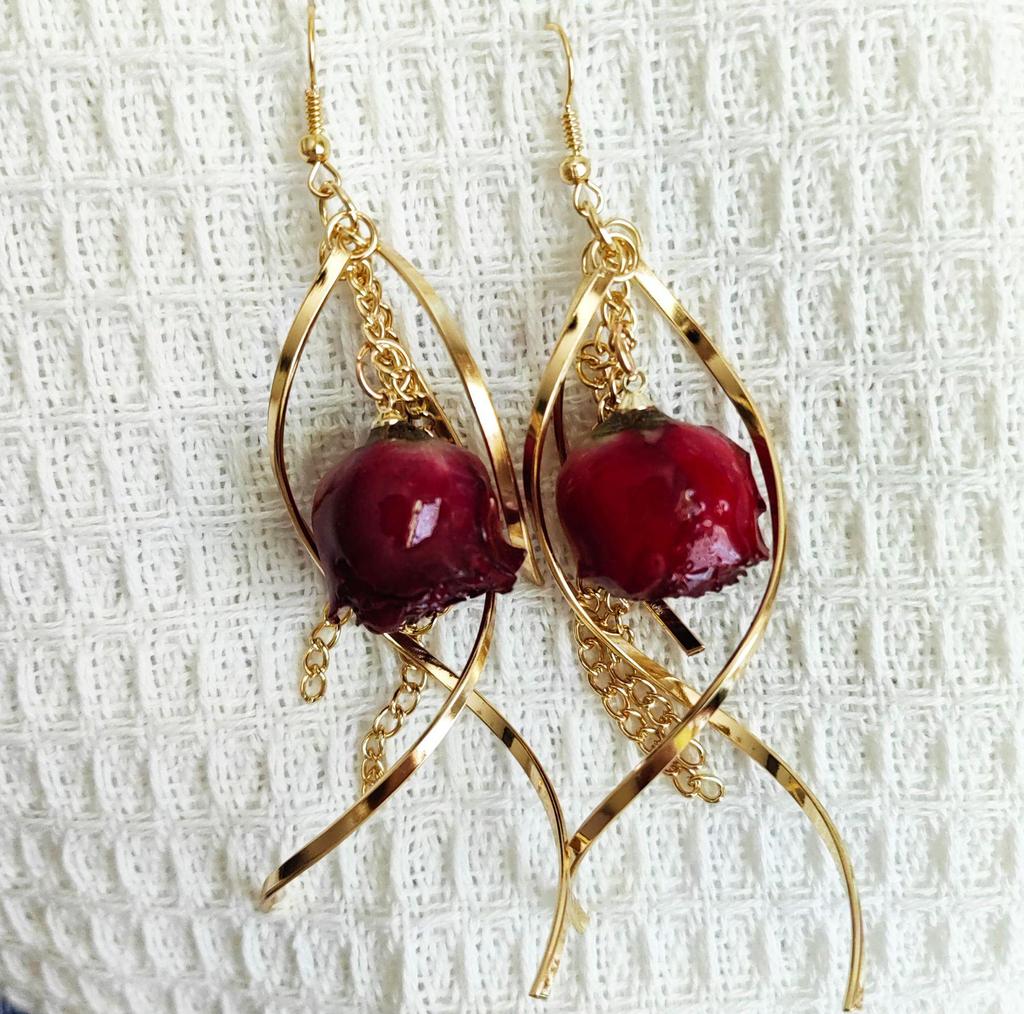 Forest Fairy Natural Rose Real Flower Long Dried Flower Tassel Earrings