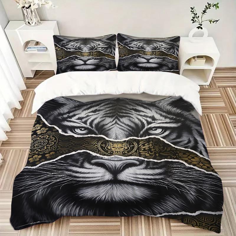 3pcs Tiger Face Artwork Duvet Cover Set, Soft Comfortable Duvet Cover,Guest Room (1*Duvet Cover + 2*Pillowcase, Without Core) yy251104178
