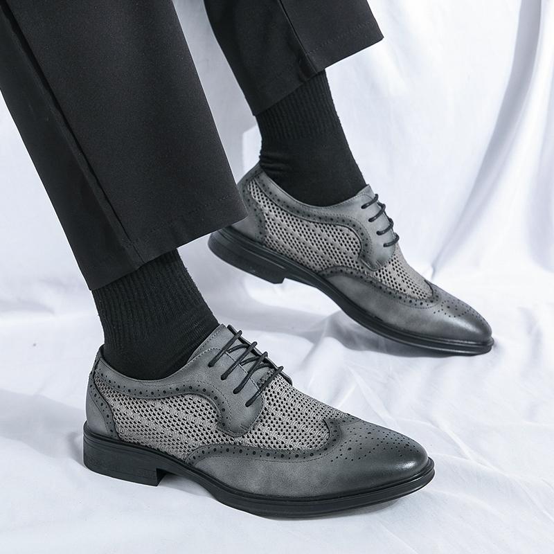New Men's Fashion Breathable Air Mesh Patchwork Lace Up Oxford Leather Shoes Wedding Prom Homecoming Footwear Zapatos Hombre