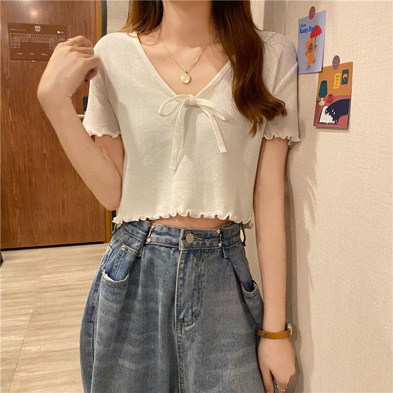 Summer French Style Niche Bow Tie Tie with Black Fungus Edge Short Knitted Sweater Women's Blue Short Top