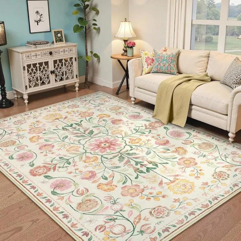 Bohemian Pink Floral Area Rug for Living Room Bedroom Non-Slip Soft Machine Washable Floor Mat Home Decor
