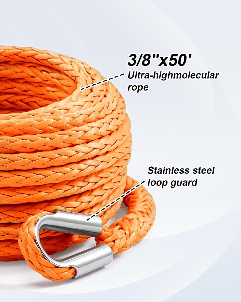 Kolvoii Winch Rope Extension 3/8" X 50' 26.6lb, Synthetic Winch Extension Cable Line for