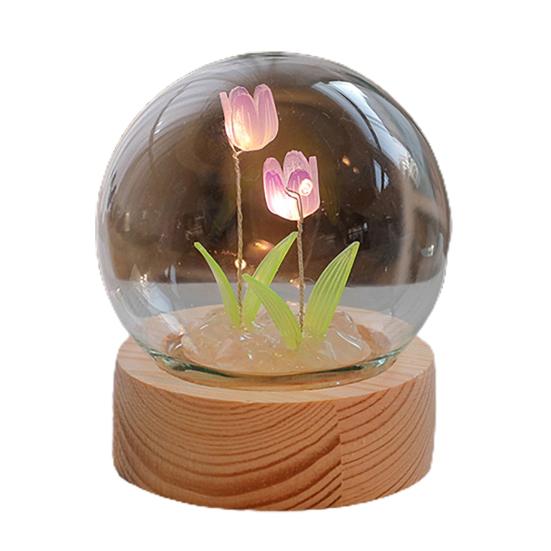 1 Set Tulip Night Light Soft Lighting Wooden Base Battery-operated Easy Installation Decorative Energy-saving Creative Handmade Tulip Night Light