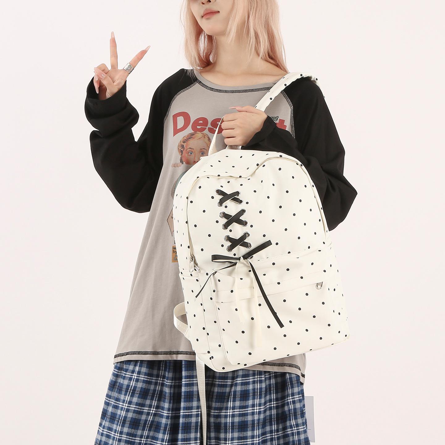 Schoolbag Women's Black Korean College Student Junior High School Student Fashion Polka Dot Bow Backpack Simple Casual Large Capacity Backpack