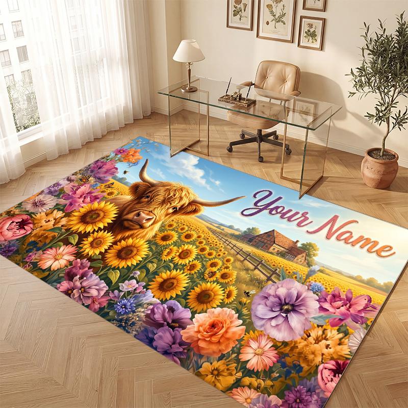 Highland Cow Theme Soft Crystal Velvet Rug Custom Name & Text Print Non Slip Floor Rug for Bedroom Living Room