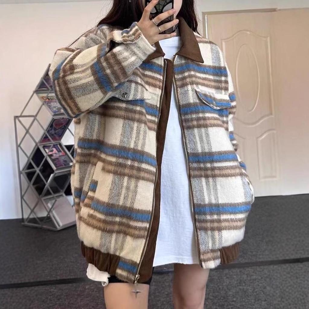Women's Plaid Wool Coat - Loose, Casual, Versatile Jacket for Autumn/Winter 2024