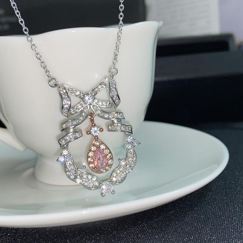 Versa Luxury Pink Zircon Bow Necklace - Women's Elegant Pendant for Christmas & Valentine's Gift