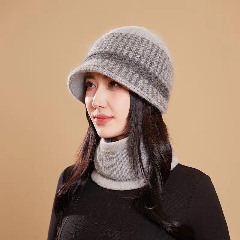 Rabbit Fur Blended Fisherman Hat Mother Female Wool Hat Season Grandma Warm Knitted Basin Hat